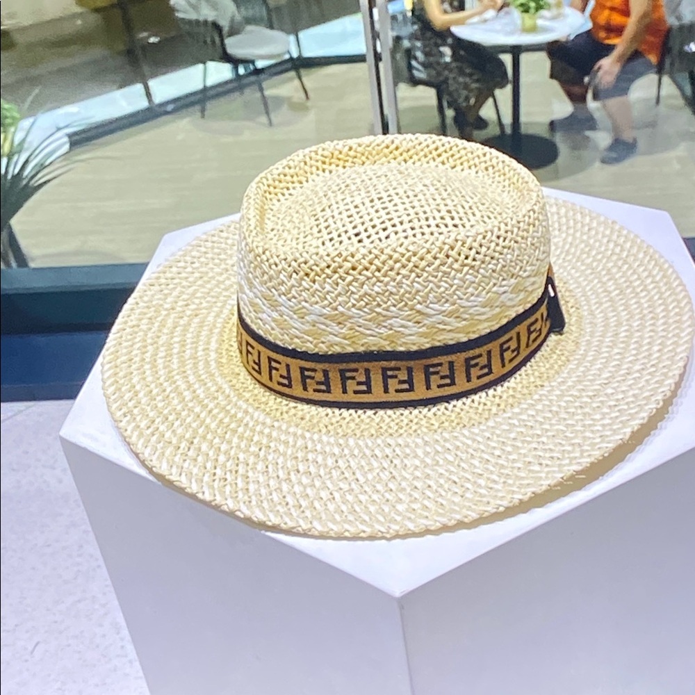 Fendi FF Logo Band Straw Sun Hat